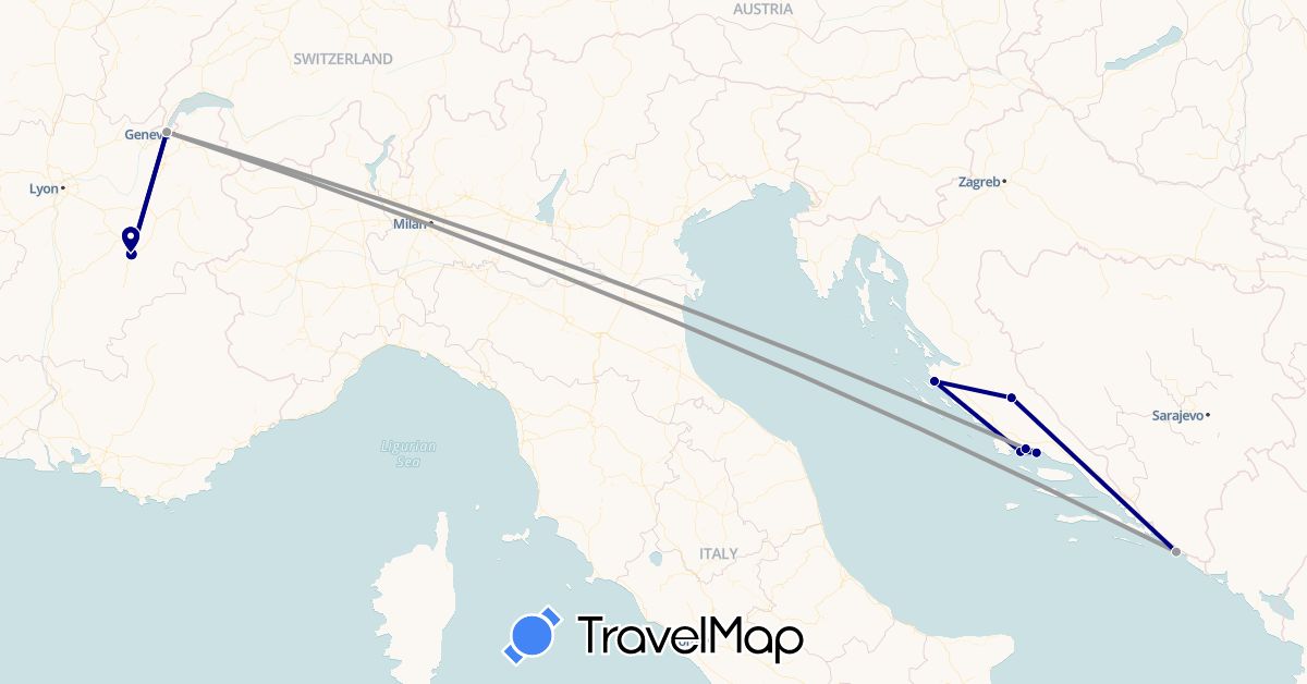 TravelMap itinerary: driving, plane in Switzerland, France, Croatia (Europe)